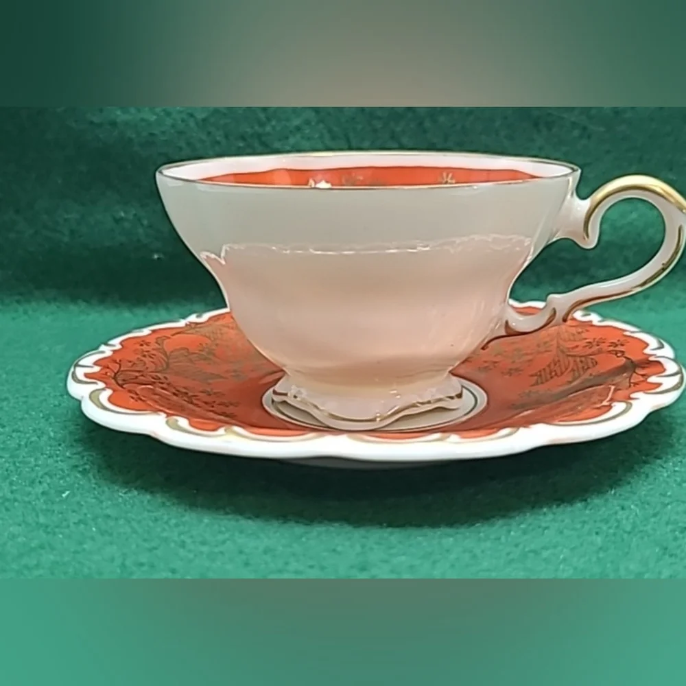 Tea Cup Saucer Lindner Kueps Bavaria Orange and White with gold Bone China‎ rare